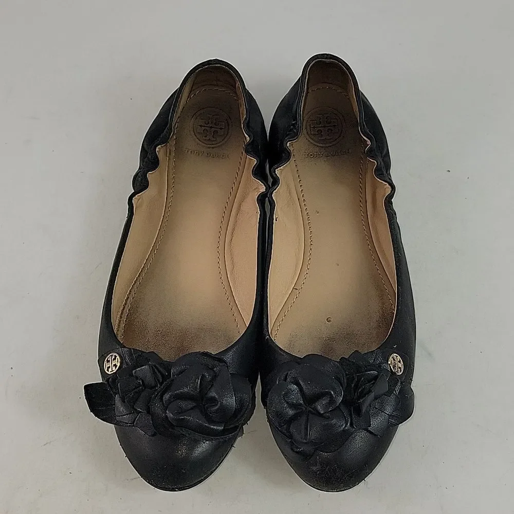 Tory Burch Black‎ Leather Blossom Ballet Flats